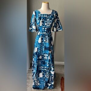 Blue and White Maxi Dress with Geometric Print